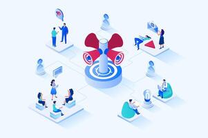 Referral marketing 3d isometric web design. People recommend stores to friends, distribute referral links and earn bonuses in loyalty programs, attracting new customers. web illustration vector