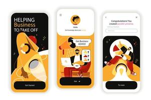 Business startup concept onboarding screens. New project launch, company development and earnings growth. UI, UX, GUI user interface kit with flat people scene. illustration for web design vector