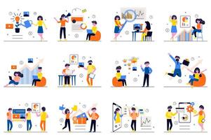 Digital marketing concept with tiny people scenes set in flat design. Bundle of men and women create digital content, make advertising, analyze data, online promotion. illustration for web vector