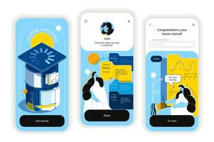 Online education concept onboarding screens. Gaining knowledge for educational platform with lectures. UI, UX, GUI user interface kit with flat people scene. illustration for web design vector