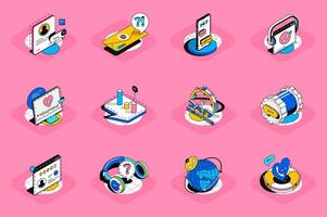 Support 3d isometric icons set. Pack elements of online communication, contact us, chat, email, client call, help service, question, feedback and others. illustration in modern isometric design vector