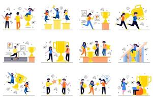 Business award concept with tiny people scenes set in flat design. Bundle of men and women getting reward, trophy or prize for goal achievement and career development. illustration for web vector