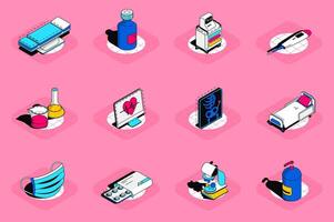 Medical concept 3d isometric icons set. Pack elements of couch, medicines bottle, patient monitoring system, thermometer, laboratory research and others. illustration in modern isometric design vector