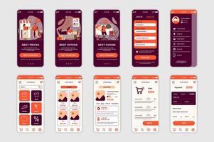 Shopping concept screens set for mobile app template. People shop at best prices, choose products and pay online. UI, UX, GUI user interface kit for smartphone application layouts. design vector