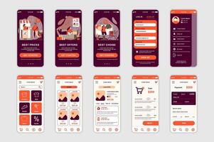 compras concepto pantallas conjunto para móvil aplicación modelo. personas tienda a mejor precios, escoger productos y pagar en línea. ui, ux, gui usuario interfaz equipo para teléfono inteligente solicitud diseños diseño vector