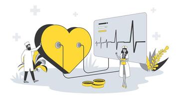 Medicine concept in flat design with people. Doctor cardiologist examines heart and makes cardiogram, nurse writes prescription for medicines. illustration with character scene for web banner vector