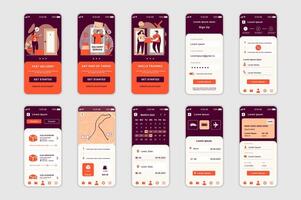 Delivery concept screens set for mobile app template. People use fast shipping services, tracking and online payment. UI, UX, GUI user interface kit for smartphone application layouts. design vector