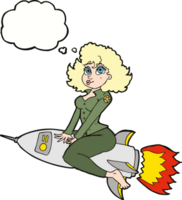 cartone animato esercito perno su ragazza equitazione missile con pensato bolla png