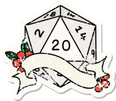 grunge sticker of a natural twenty D20 dice roll png