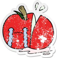 distressed sticker of a cartoon sad sliced apple png