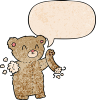 cartoon teddy bear with torn arm with speech bubble in retro texture style png