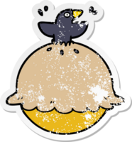 distressed sticker of a cartoon blackbird in a pie png