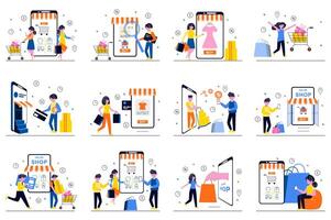 Mobile shopping concept with tiny people scenes set in flat design. Bundle of men and women choose and order goods in app, pay online from smartphone, receive discounts. illustration for web vector