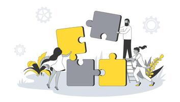 Teamwork concept in flat design with people. Man and women work and construct puzzles, generating new ideas, collaboration and brainstorming. illustration with character scene for web banner vector