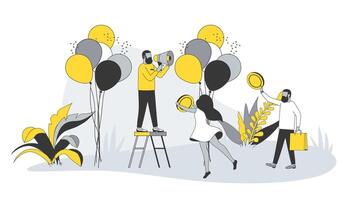 Advertising concept in flat design with people. Man with megaphone attracting customers, making success promo campaign and promote business. illustration with character scene for web banner vector