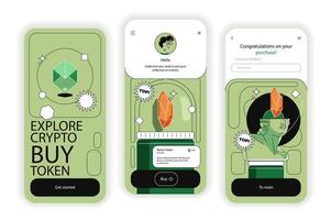 Crypto market concept onboarding screens. Cryptocurrency and blockchain technology, buy and sell bitcoins. UI, UX, GUI user interface kit with flat people scene. illustration for web design vector