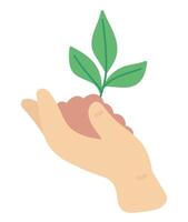 Green plant in hand in flat design. Ecology gardening, organic agriculture. illustration isolated. vector