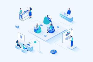 Coworking 3d isometric web design. People work on laptops in open office, discussing tasks and work together on project, communicate and collaborate, workspace of startup. web illustration vector