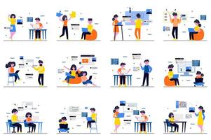 Web development concept with tiny people scenes set in flat design. Bundle of men and women developers working, creating webpages layouts, testing, coding and optimization. illustration for web vector