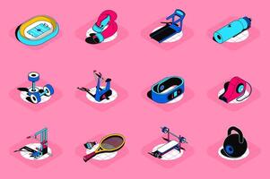 Sports 3d isometric icons set. Pack elements of boxing gloves, treadmill, dumbbells, exercise machine, gym equipment, championship stadium and others. illustration in modern isometric design vector