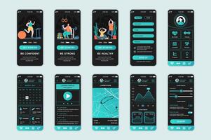 Fitness concept screens set for mobile app template. People doing different sports and workouts at home and in gym. UI, UX, GUI user interface kit for smartphone application layouts. design vector