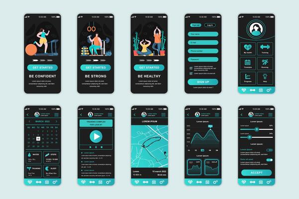 Fitness concept screens set for mobile app template. People doing different sports and workouts at home and in gym. UI, UX, GUI user interface kit for smartphone application layouts. design