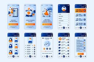 Music concept screens set for mobile app template. People listen to favorite playlists, discover songs and podcasts. UI, UX, GUI user interface kit for smartphone application layouts. design vector