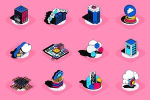 Cloud technology 3d isometric icons set. Pack elements of hardware datacenter racks, computer, microchip, data computing, server, database and others. illustration in modern isometric design vector