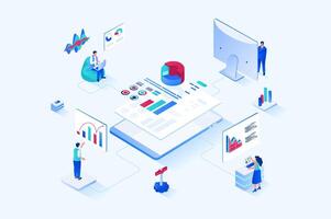 Data analysis 3d isometric web design. People work with charts, diagrams and graphs, make financial reports for company and business accounting, auditing and analytics. web illustration vector