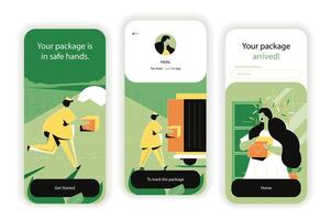 Delivery service concept onboarding screens. Fast courier delivery of parcels, logistics and express shipping. UI, UX, GUI user interface kit with flat people scene. illustration for web design vector