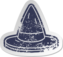 distressed old cartoon sticker of a witches hat png