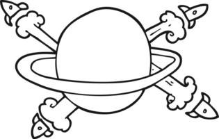 hand drawn black and white cartoon rockets leaving a planet png