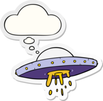 cartoon flying UFO with thought bubble as a printed sticker png