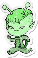 distressed sticker of a cute cartoon alien girl png