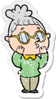 distressed sticker of a cartoon woman wearing glasses png