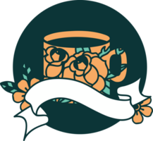 icono de estilo tatuaje con pancarta de una taza y flores png