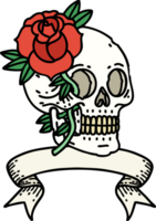 traditional tattoo with banner of a skull and rose png