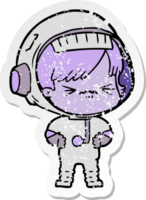 distressed sticker of a angry cartoon space girl png