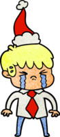 hand drawn textured cartoon of a boy crying wearing santa hat png