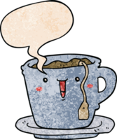 mignonne dessin animé tasse et soucoupe avec discours bulle dans rétro texture style png