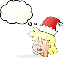 hand drawn thought bubble cartoon stressed woman wearing santa hat png