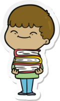 sticker of a cartoon happy boy with books png