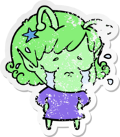 distressed sticker of a cartoon crying alien girl png