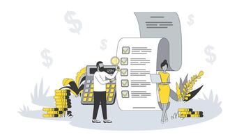 contabilidad concepto en plano diseño con gente. hombre y mujer calculador financiero datos, analizando y gestionar balance, consultante y revisión de cuentas. ilustración con personaje escena para web bandera vector