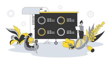 datos análisis concepto en plano diseño con gente. mujer trabajo con gráficos y diagramas, haciendo márketing investigación y reporte para presentación. ilustración con personaje escena para web bandera vector