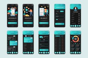 Banking concept screens set for mobile app template. People manage financial account, paying and investing money. UI, UX, GUI user interface kit for smartphone application layouts. design vector