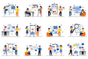 App development concept with tiny people scenes set in flat design. Bundle of men and women developers creating interfaces layouts, coding and optimization for devices. illustration for web vector