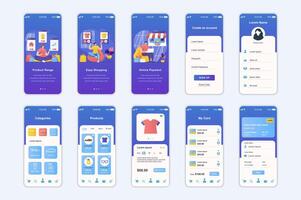 Shopping concept screens set for mobile app template. People choose products in shop catalog, order and pay online. UI, UX, GUI user interface kit for smartphone application layouts. design vector