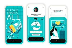 Medical clinic concept onboarding screens. Online doctor consultations and purchase of medicines in pharmacy. UI, UX, GUI user interface kit with flat people scene. illustration for web design vector