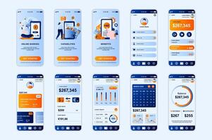 bancario concepto pantallas conjunto para móvil aplicación modelo. personas hacer en línea actas y gestionar financiero cuenta. ui, ux, gui usuario interfaz equipo para teléfono inteligente solicitud diseños diseño vector